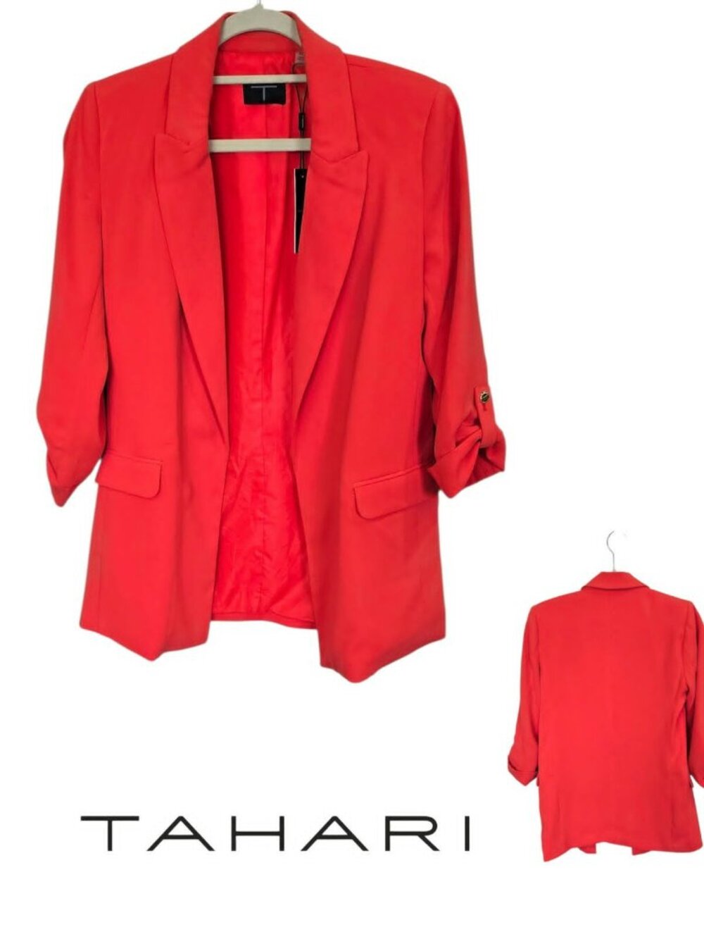 Tahari Orange Red Open Front Blazer Ruched Quarter Sleeves Jacket Womens XS NEW
